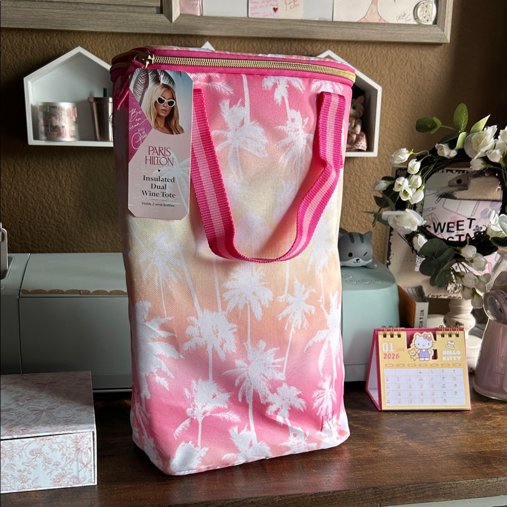 🎀Pink and White Insulated Wine Tote Bag Beach Vacation LA CA Sunset🍷